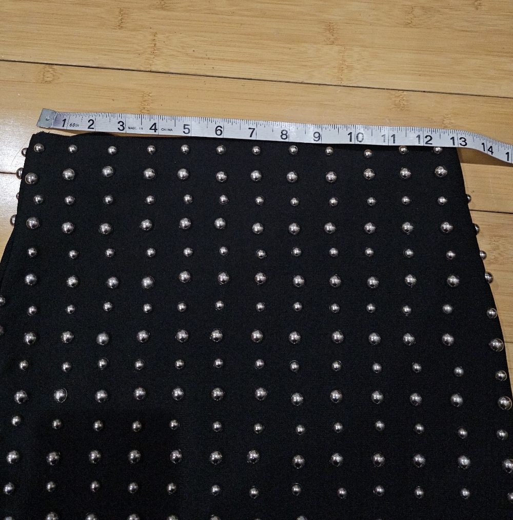 Punk Goth Sexy Forever 21 Silver Studded Black Stretchy Bodycon Pencil Skirt M - Picture 6 of 9